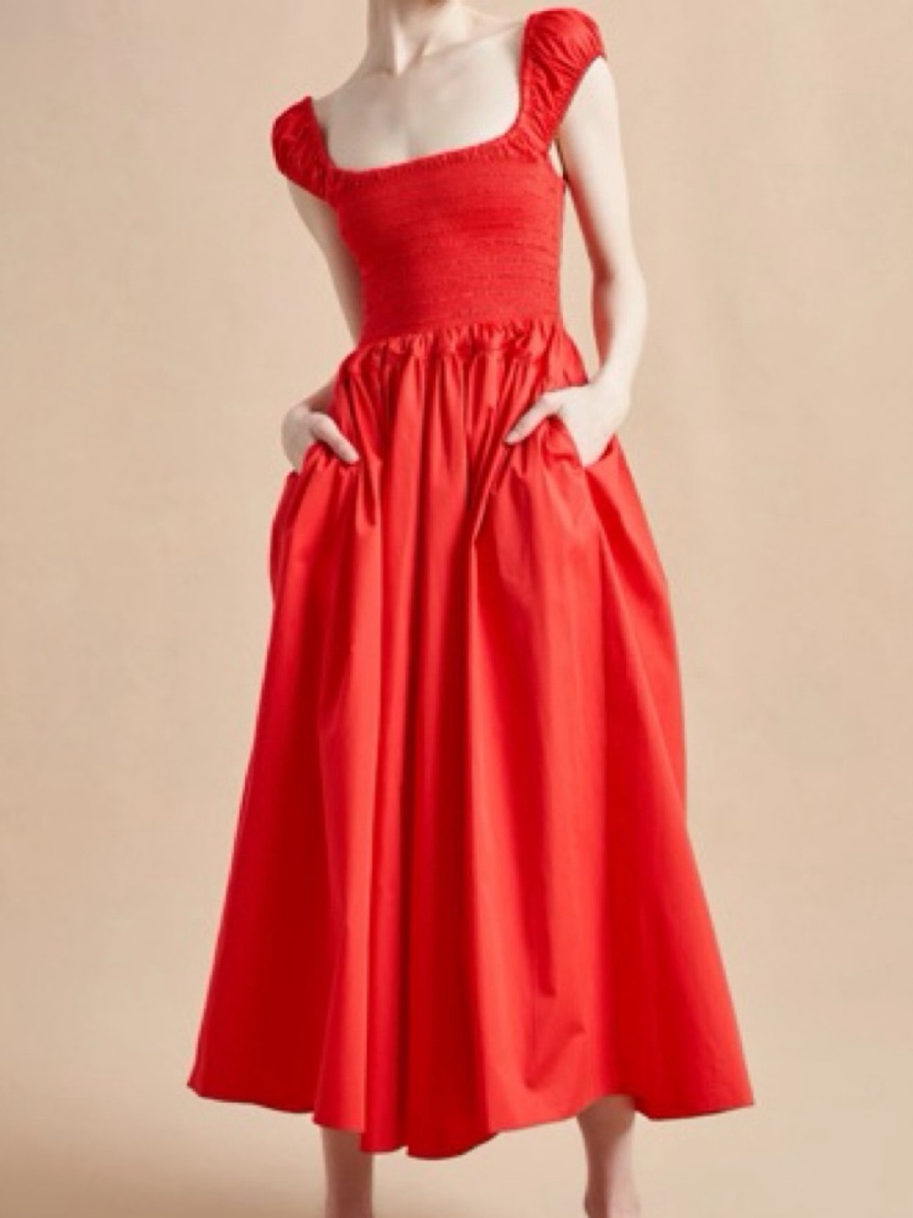 La Ligne Red Smocked Bodice Midi Dress